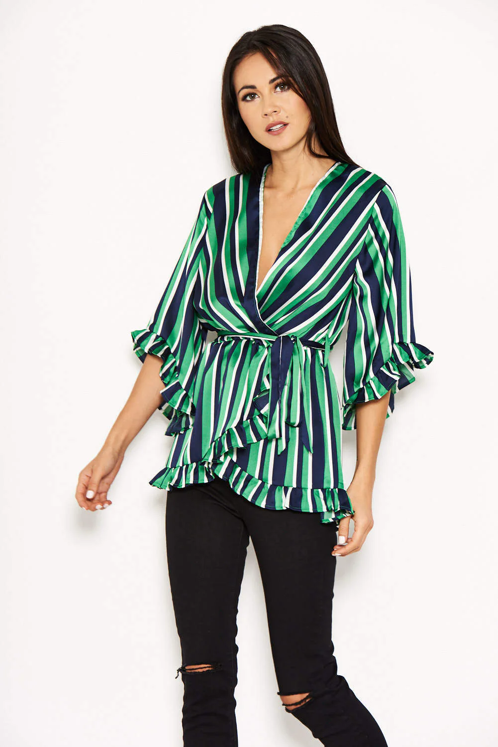 Green Striped Frill Tie Top - Image 4