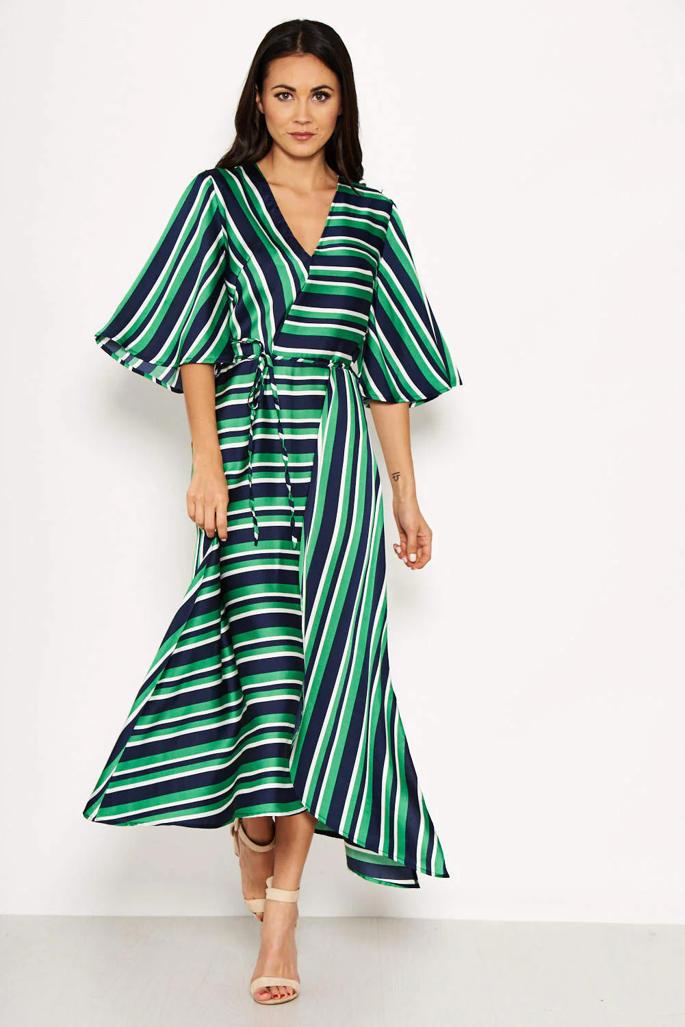 Green Striped Wrap Over Dress - Image 2