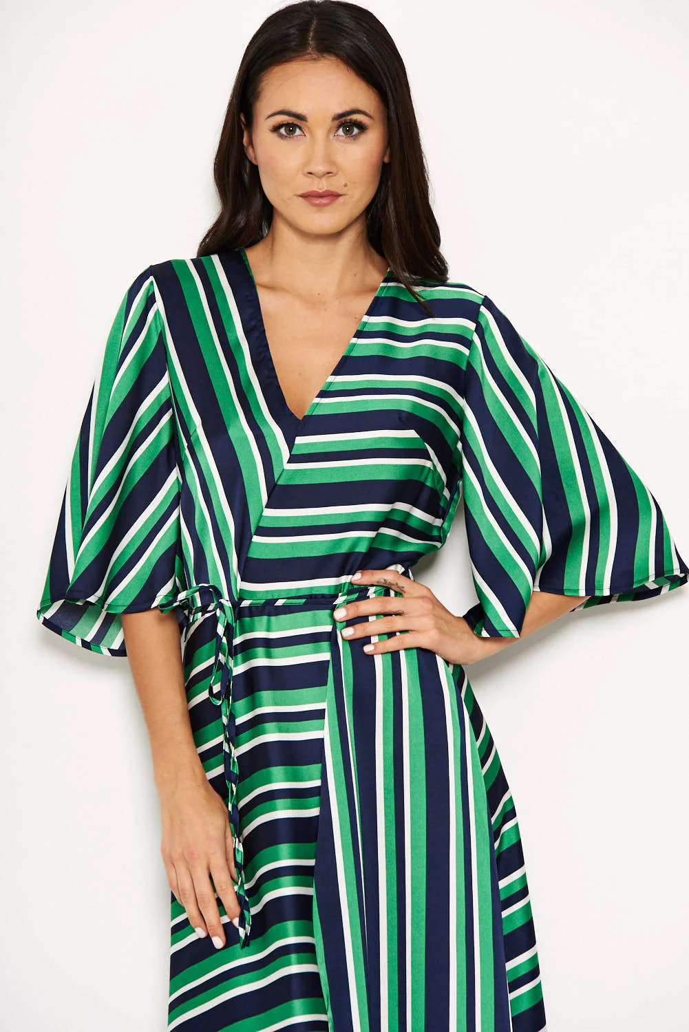 Green Striped Wrap Over Dress - Image 4