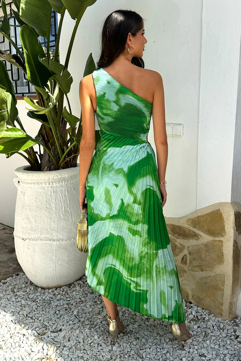 Green Tie Dye Print One Shoulder Cut Out Pleated Midi Dress - Image 5