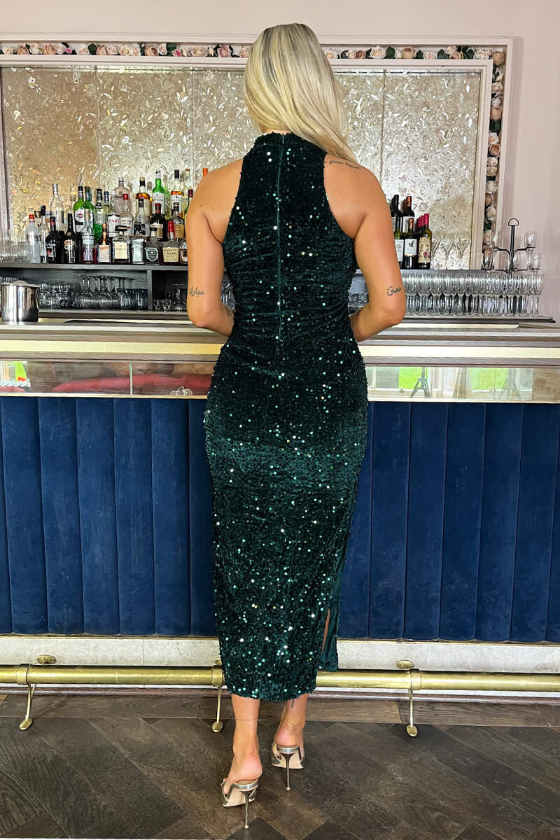 Green Velvet And Sequin Racer Neck Midi Dress - Image 4