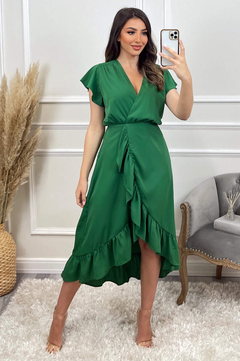 Green Wrap Over Frill Hem Short Sleeve Midi Dress - Image 5