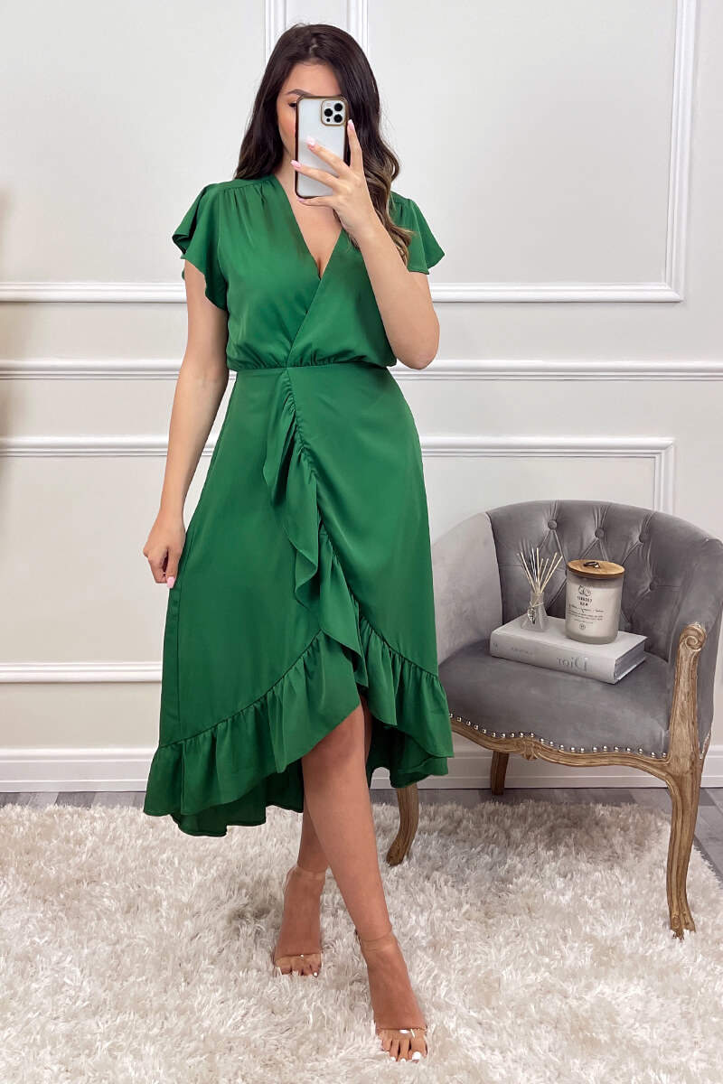 Green Wrap Over Frill Hem Short Sleeve Midi Dress - Image 6