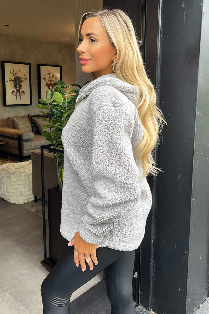 Grey 1/4 Zip Teddy Hoodie - Image 3
