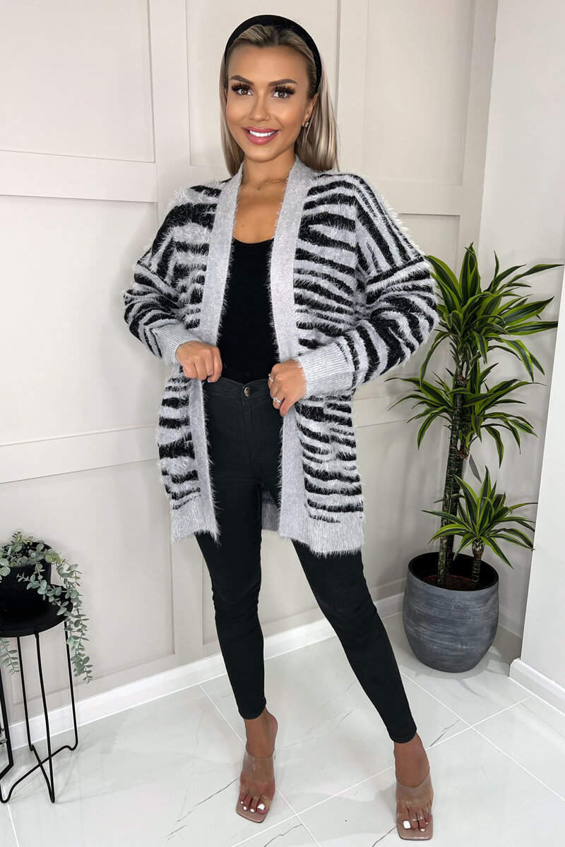 Grey And Black Fluffy Knit Long Sleeve Animal Print Cardigan - Image 2