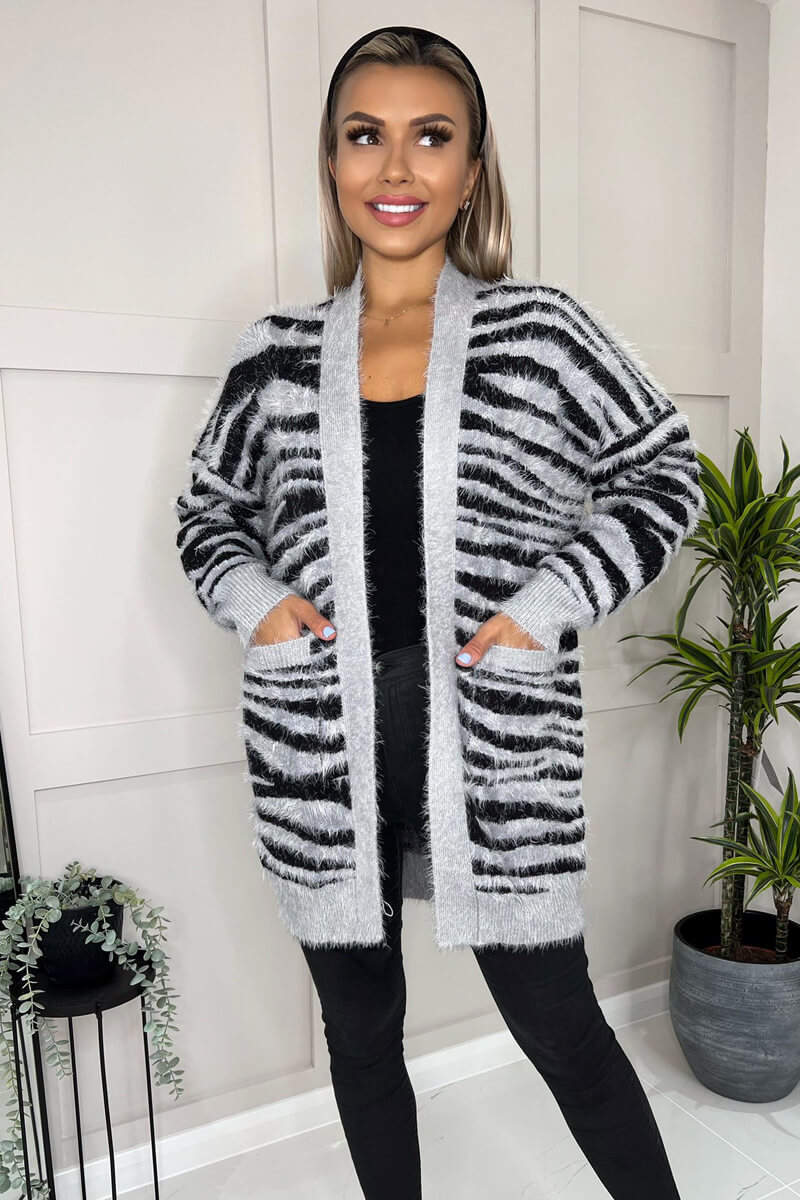 Grey And Black Fluffy Knit Long Sleeve Animal Print Cardigan - Image 3