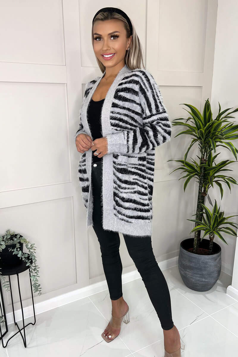 Grey And Black Fluffy Knit Long Sleeve Animal Print Cardigan - Image 4