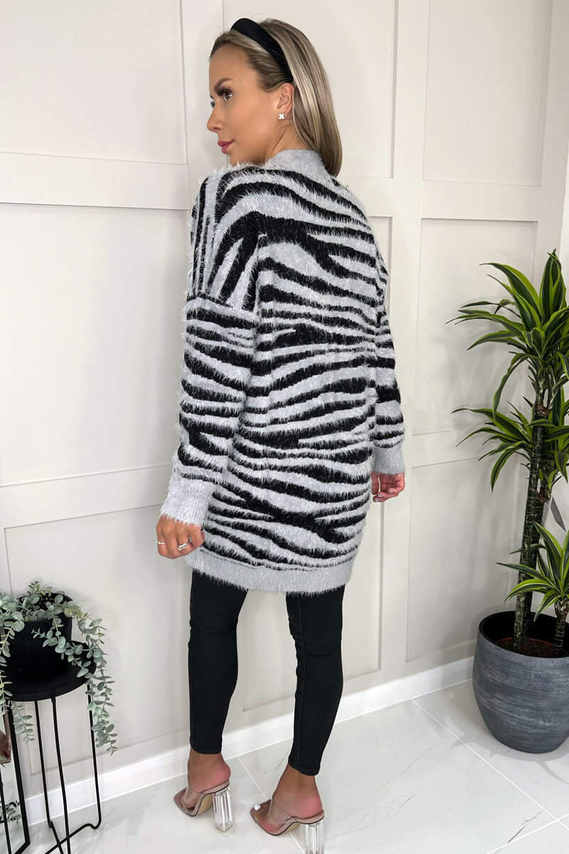 Grey And Black Fluffy Knit Long Sleeve Animal Print Cardigan - Image 5