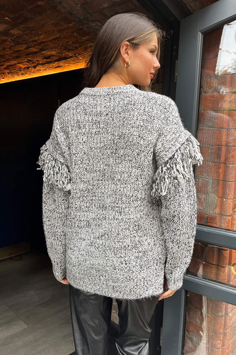 Grey and Black Fringe Detail Sleeve Knitted Jumper - Image 3