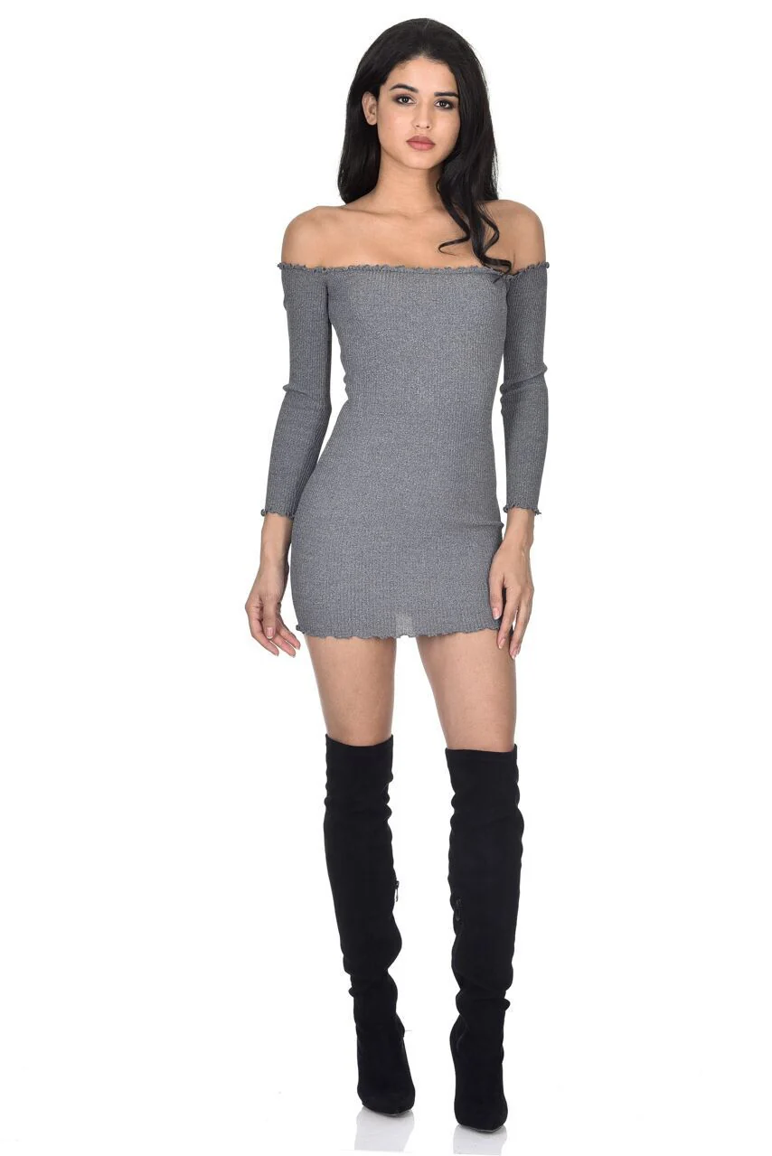 Grey Bardot Ruffle Detail Knit Dress - Image 3