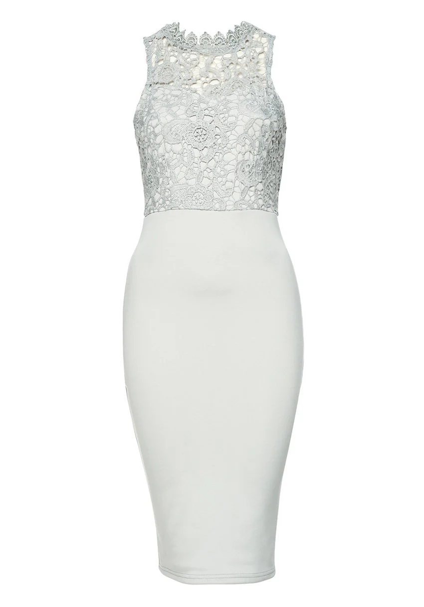 Grey Bodycon Midi Dress Crochet High Neck - Image 4