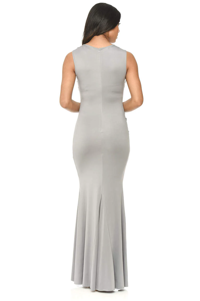 Grey Floor Length Fitted Dress With Lace Detail - Image 3