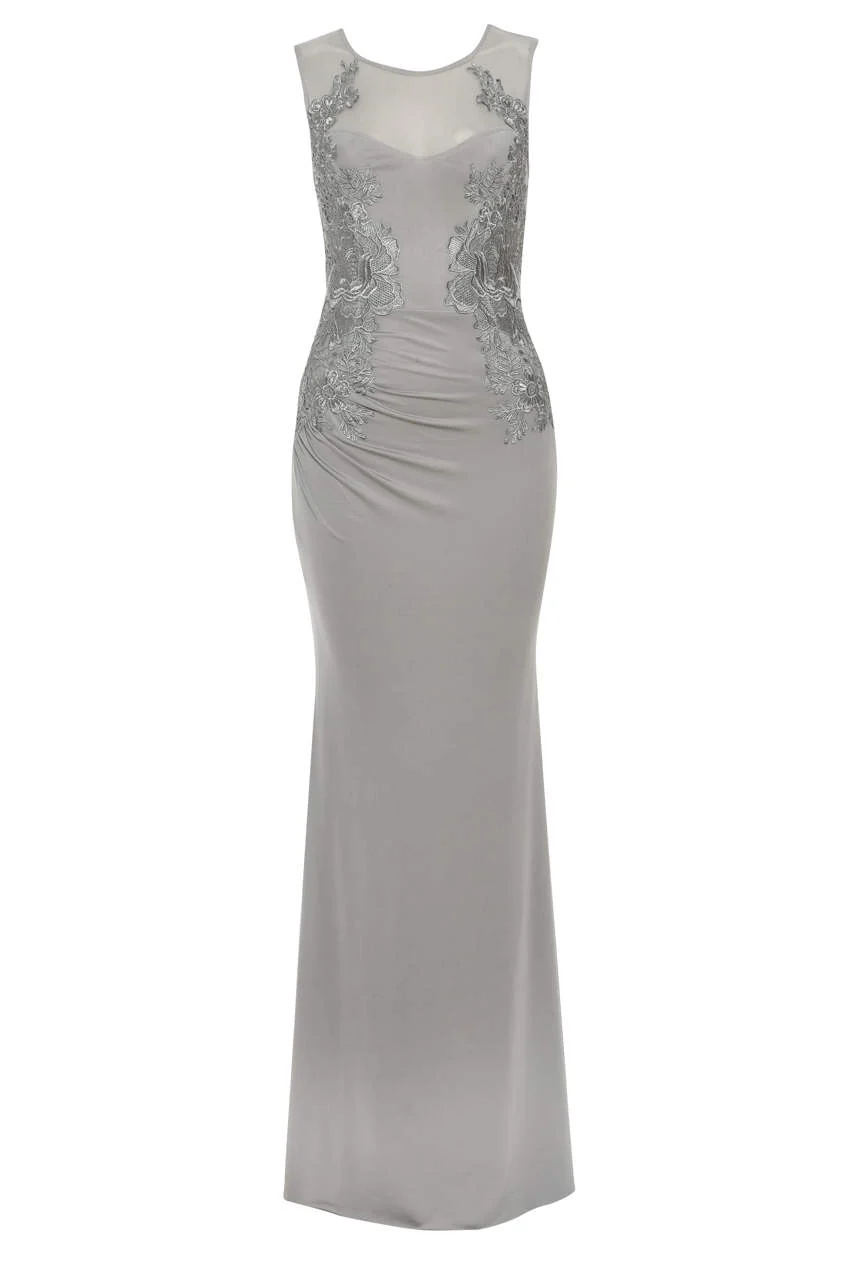Grey Floor Length Fitted Dress With Lace Detail - Image 4