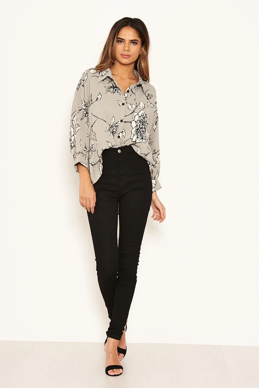 Grey Floral Dip Hem Shirt - Image 2