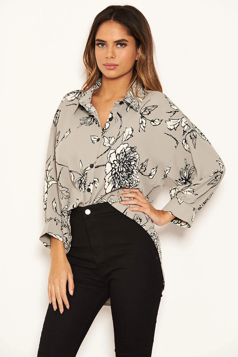 Grey Floral Dip Hem Shirt - Image 3