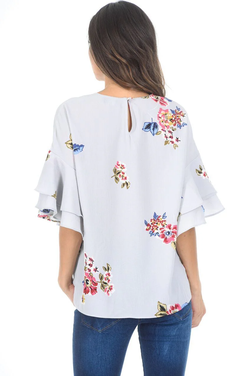 Grey Floral Frill Sleeve Top - Image 3