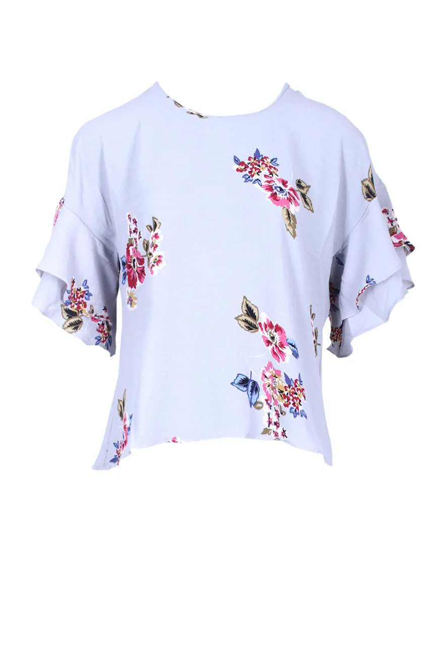 Grey Floral Frill Sleeve Top - Image 4
