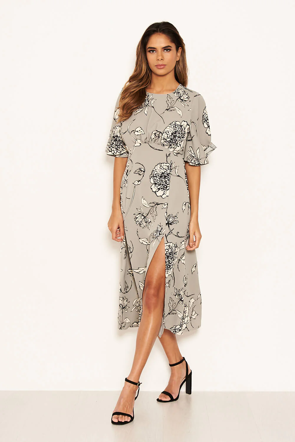Grey Floral Gathered Split Midi Dress - Image 3