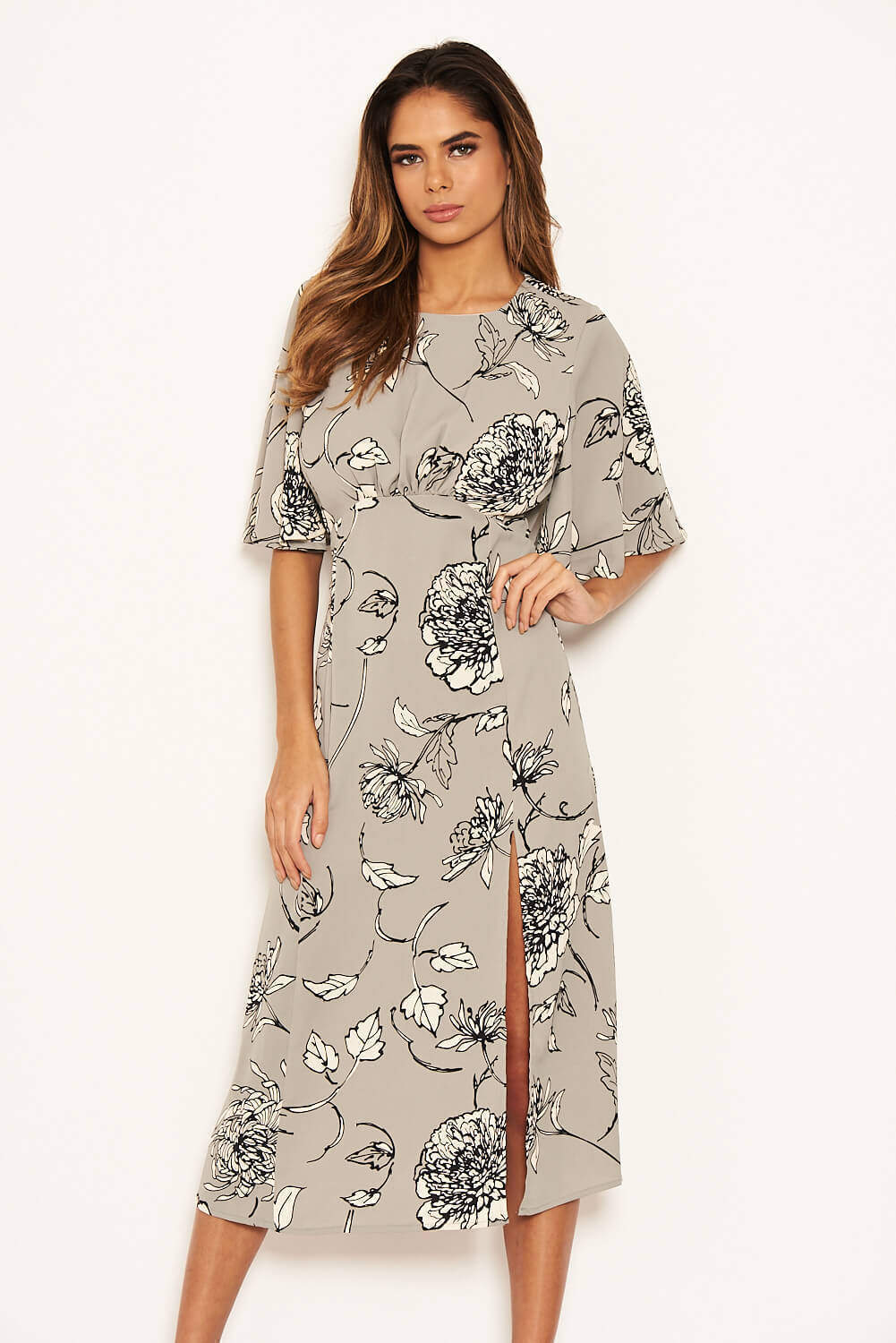 Grey Floral Gathered Split Midi Dress - Image 4