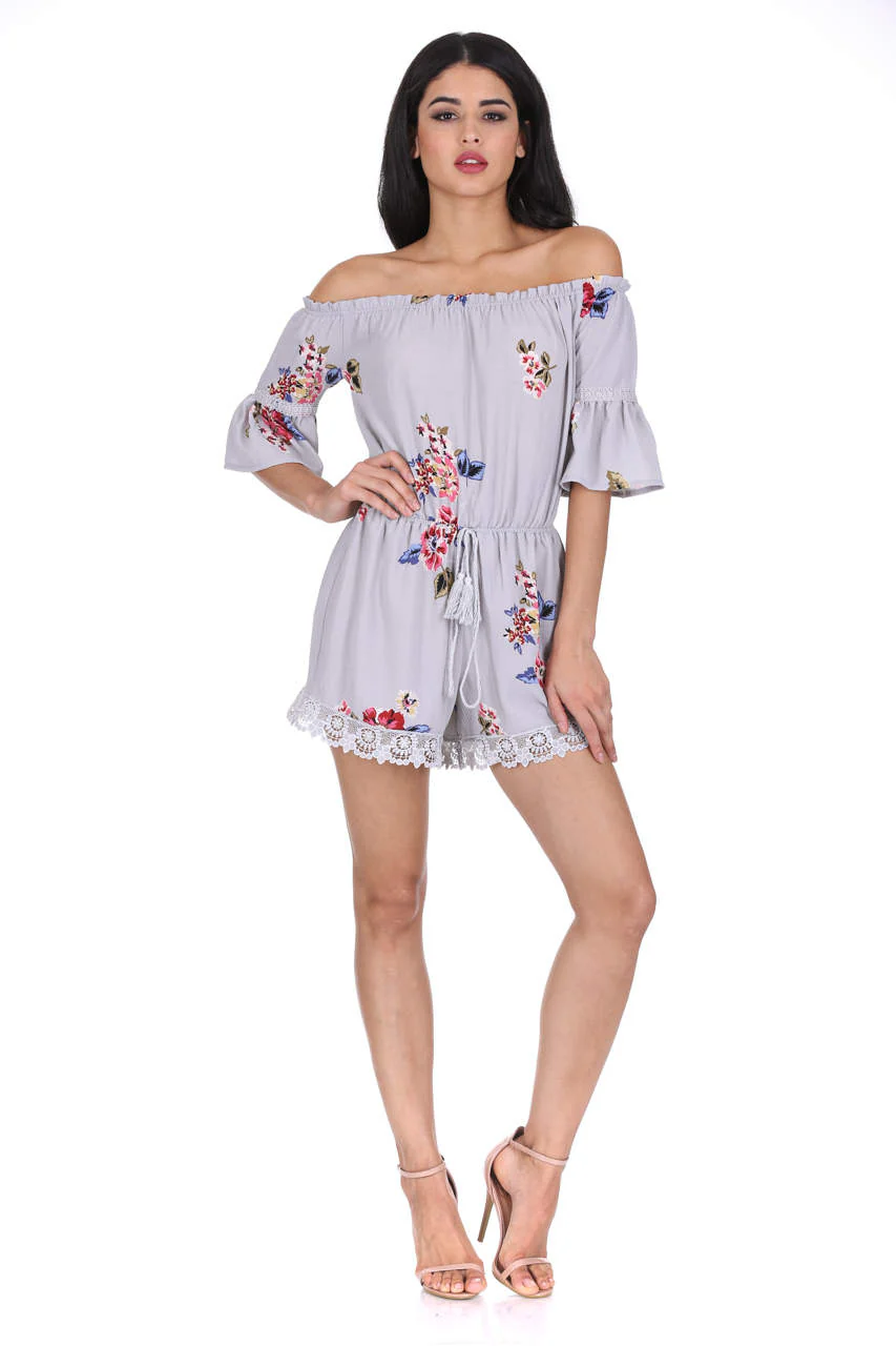 Grey Floral Print Off The Shoulder Playsuit - Image 2