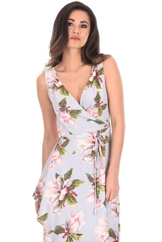 Grey Floral Print Sleeveless Wrap Over Dress - Image 2