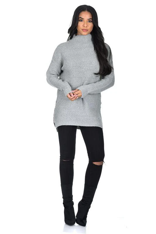 Grey High Neck Side Split Jumper - Image 2