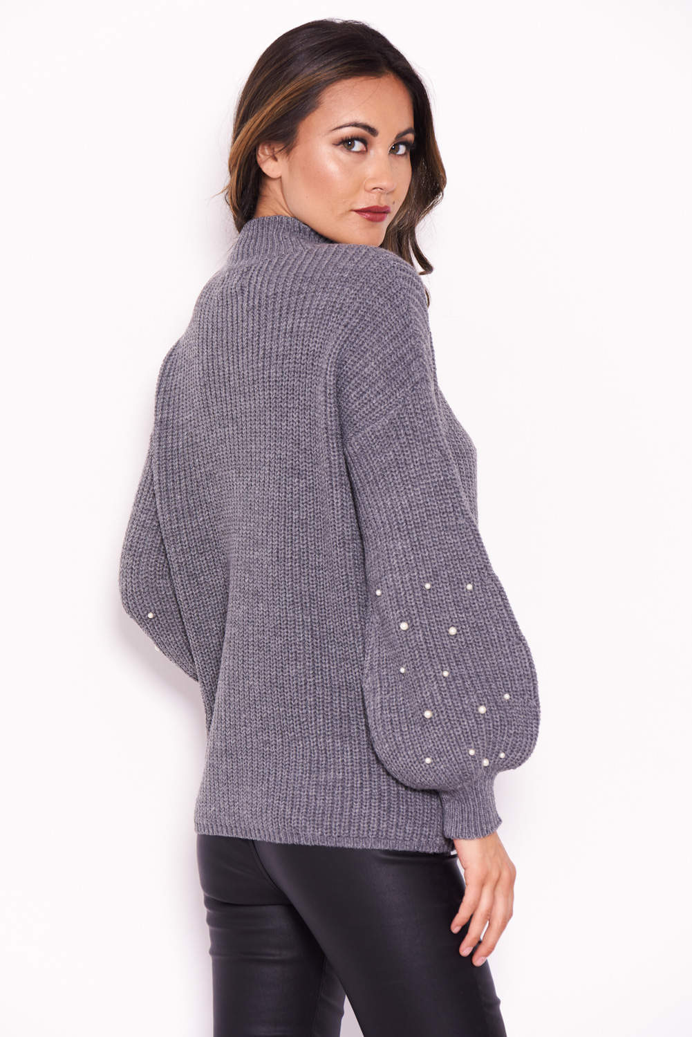 Grey Jumper With Pearl Detail - Image 3