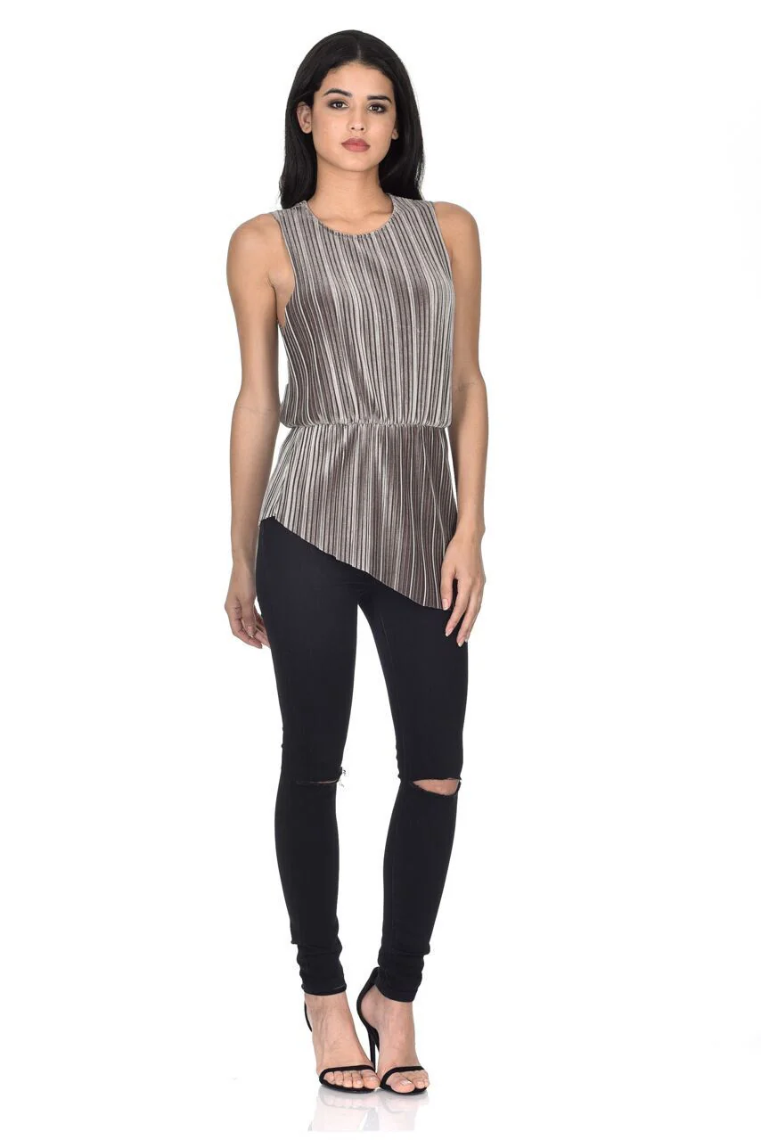Grey Pleated Sleeveless Velvet Top - Image 2