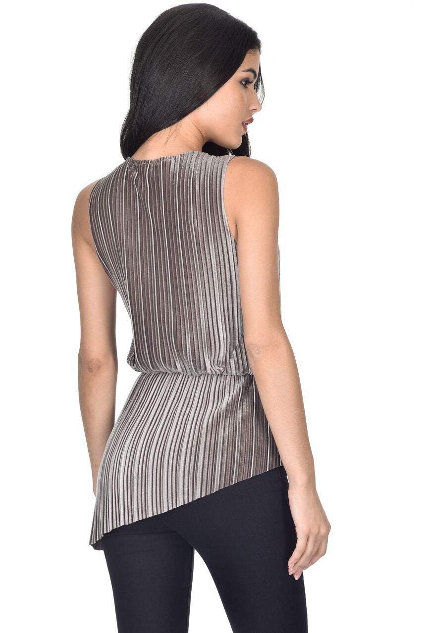 Grey Pleated Sleeveless Velvet Top - Image 3