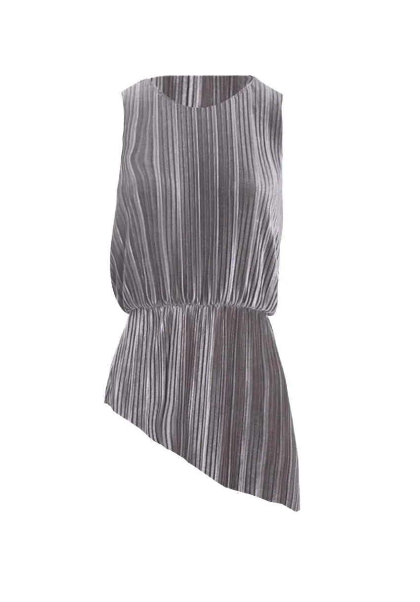 Grey Pleated Sleeveless Velvet Top - Image 4