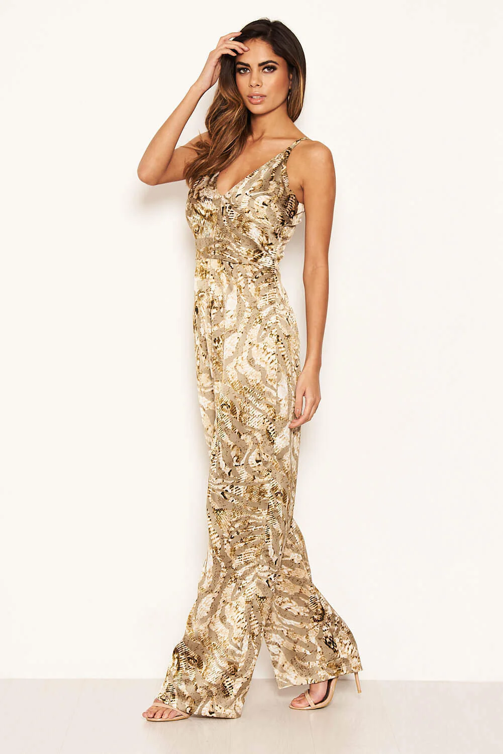 Grey Printed Satin Flared Leg Jumpsuit - Image 5