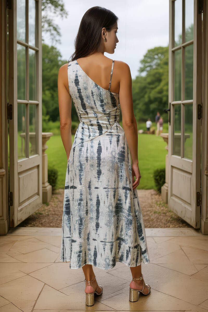 Grey Printed Strap Detail Asymmetric Cut Out Midi Dress - Image 5