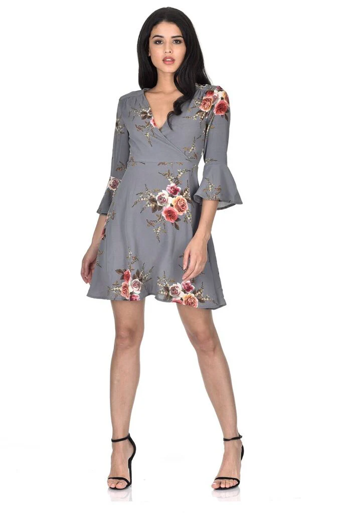 Grey Printed Wrap Over Skater Dress - Image 2