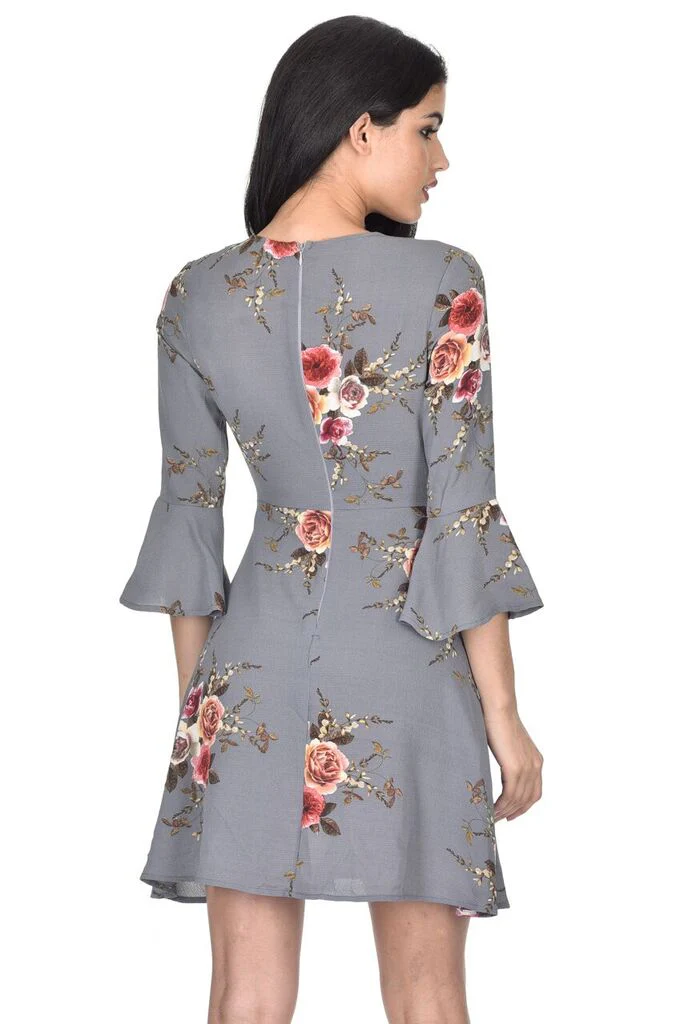 Grey Printed Wrap Over Skater Dress - Image 3