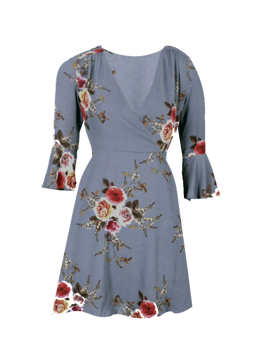 Grey Printed Wrap Over Skater Dress - Image 4