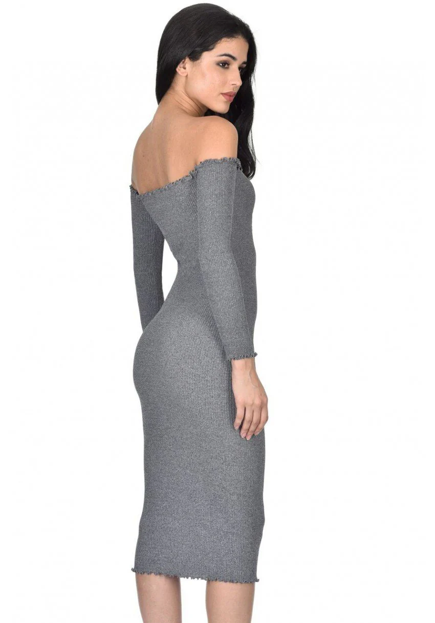 Grey Ribbed Midi Dress - Image 3