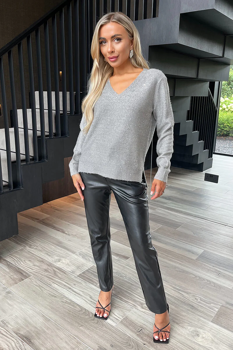 Grey Sequin Detail V-Neck Jumper - Image 2