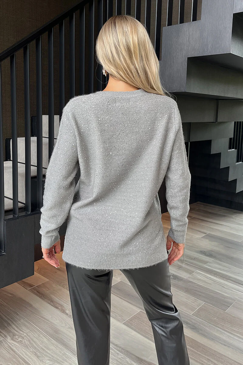 Grey Sequin Detail V-Neck Jumper - Image 4
