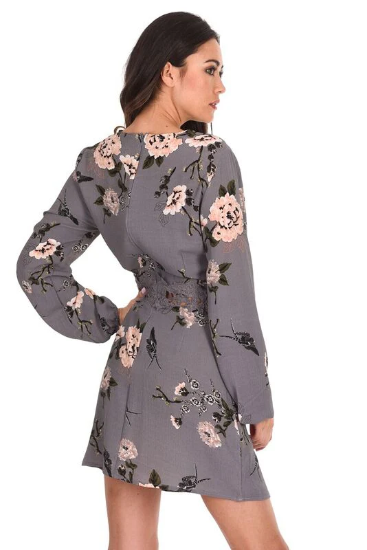 Grey Sleeved Crochet Detail Dress - Image 3