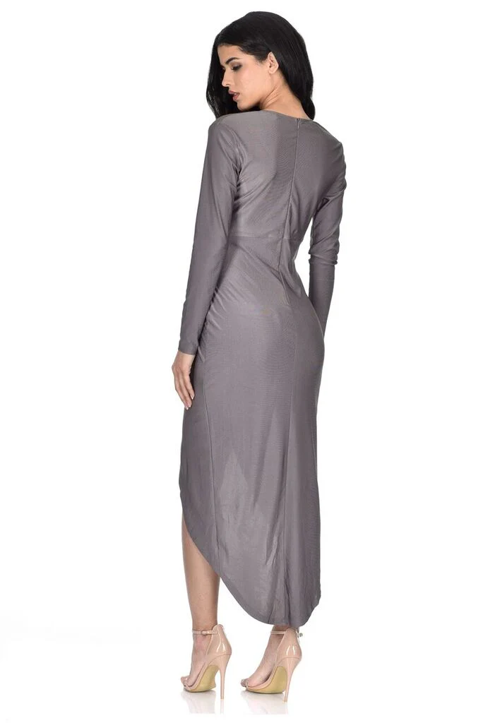 Grey Slinky Wrap Front Maxi Dress - Image 3