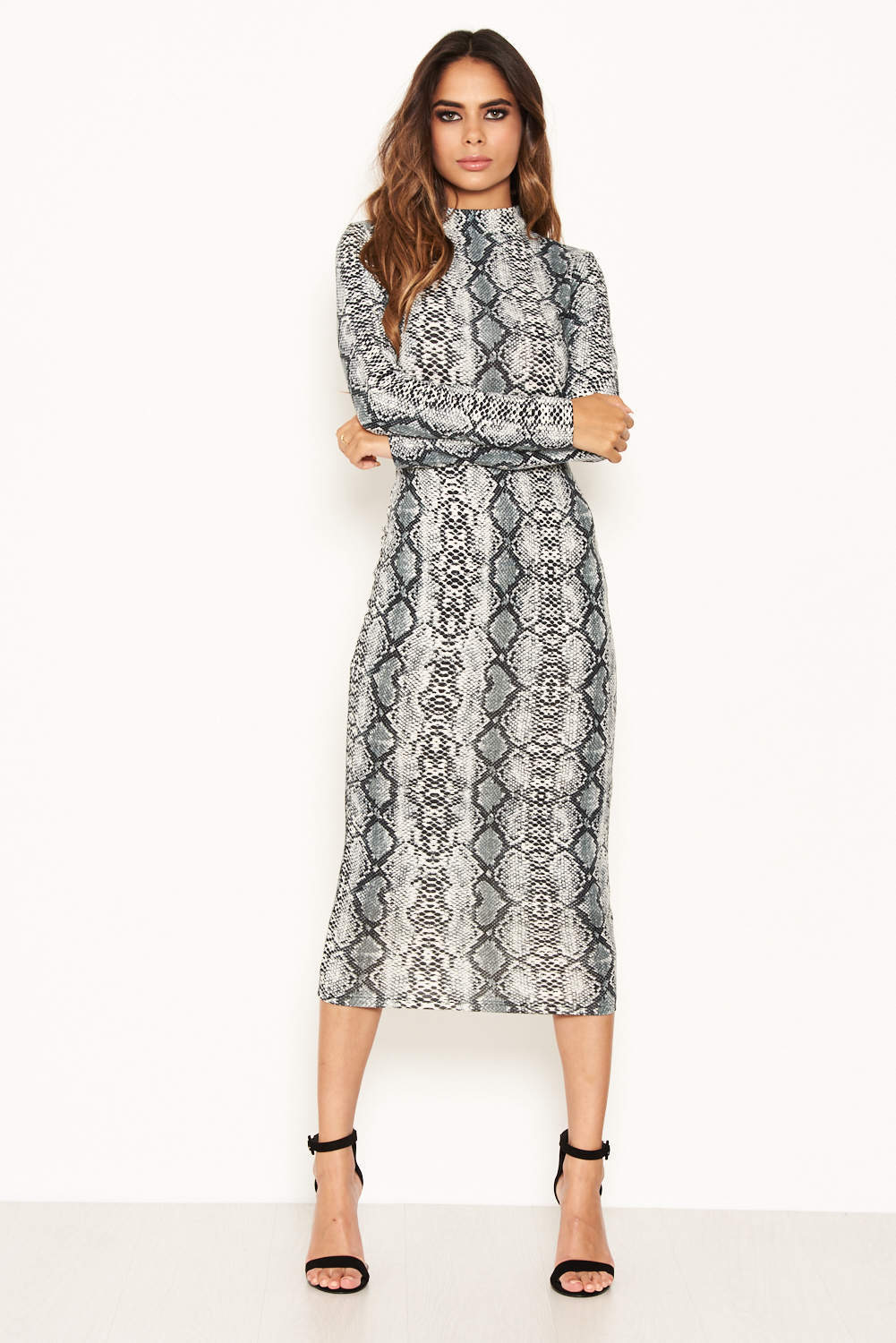 Grey Snake Print Bodycon Midi Dress - Image 4