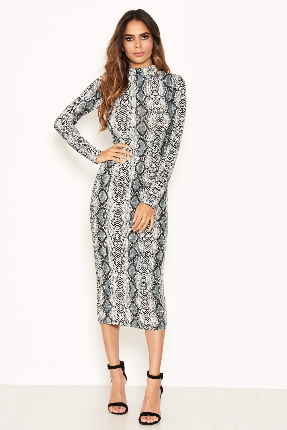 Grey Snake Print Bodycon Midi Dress - Image 5