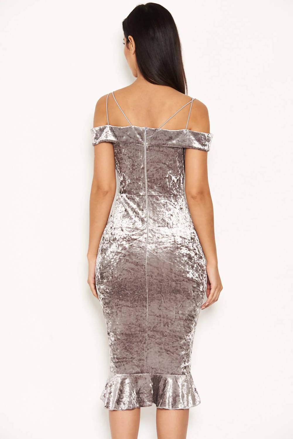 Grey Velvet Off The Shoulder Midi Dress With Frill Hem - Image 3
