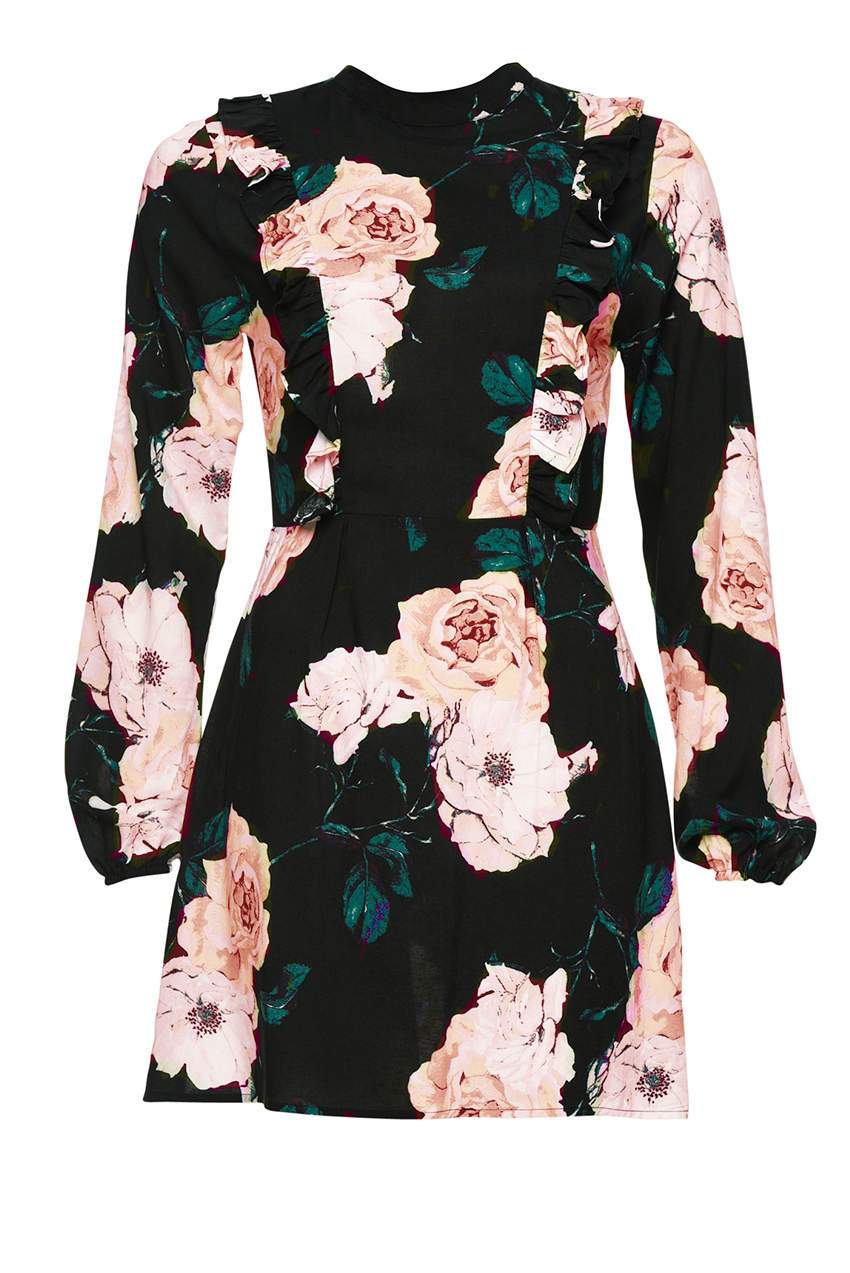 High Neck Black Floral Mini Dress - Image 4