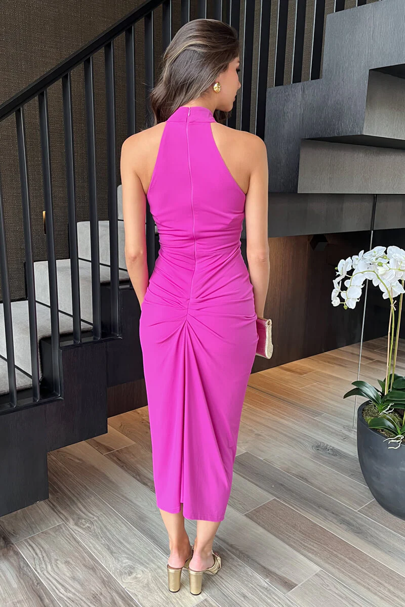 Hot Pink Halter Neck Knot Skirt Midi Dress - Image 5