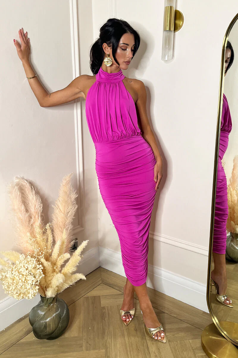 Hot Pink Halter Neck Ruched Bodycon Midi Dress - Image 3