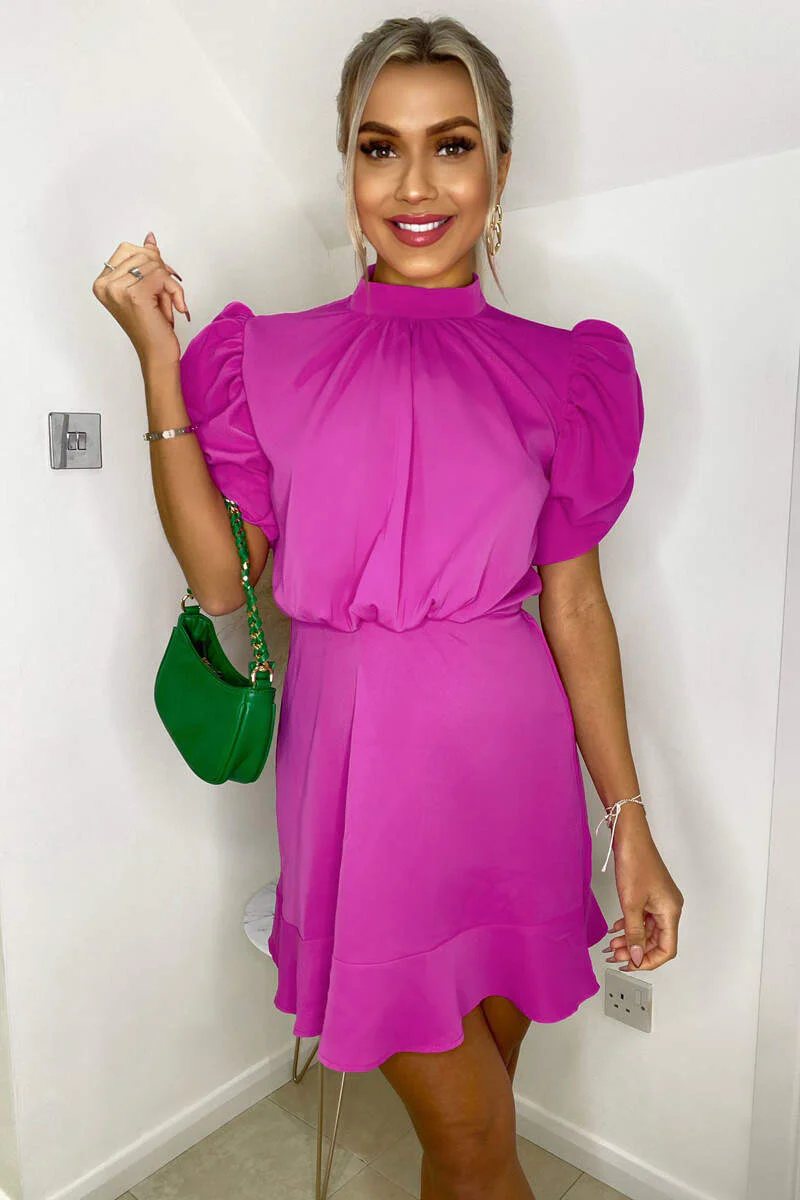 Hot Pink High Neck Puff Sleeve Skater Dress - Image 4