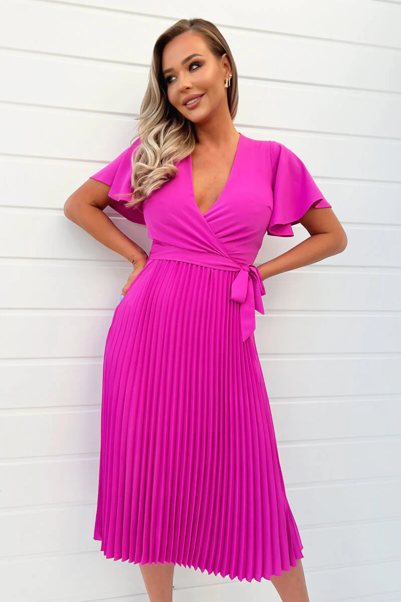 Hot Pink Pleated Midi Dress with Tie Waist - Image 3