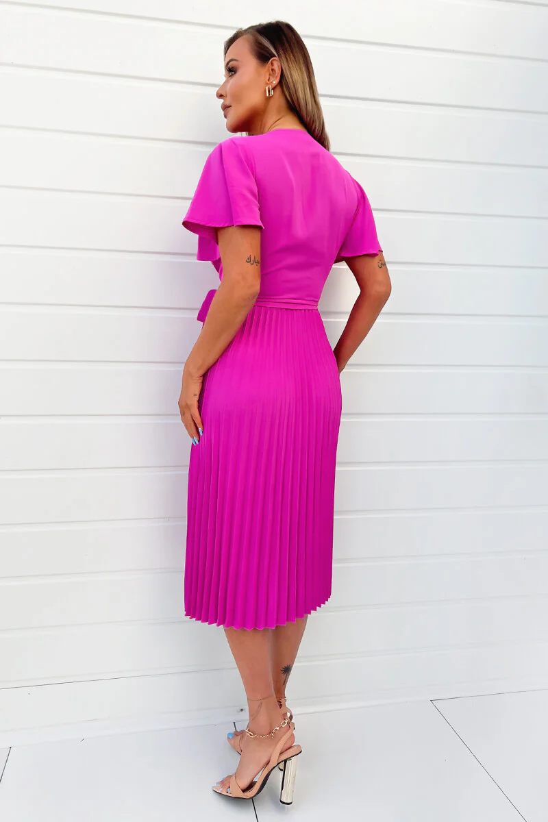 Hot Pink Pleated Midi Dress with Tie Waist - Image 4