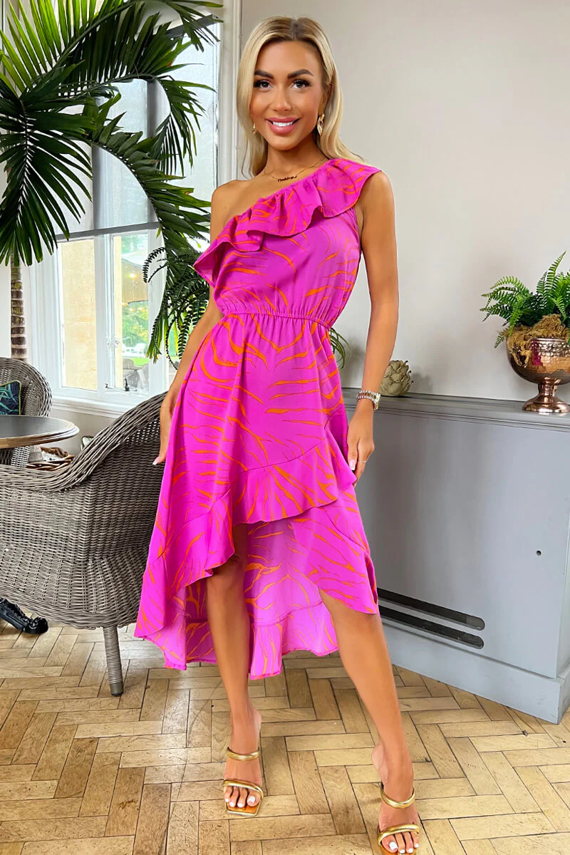 Hot Pink Printed One Shoulder Frill Detail Dipped Hem Dress - Image 2